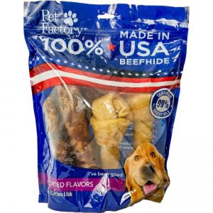 X-Large bag of Pet Factory 100% USA Beef & Chicken flavored Beefhide Assortment for Large Dogs, Pack of 6, 3 Bones, 3 Rolls, front view