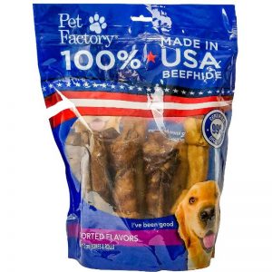 X-Large bag of Pet Factory 100% USA Beefhide Beef & Chicken Flavored Medium Dog Assorted 10pk, 5 Bones, 5 Rolls, front view