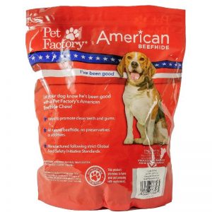 X-Large bag of Pet Factory’s American Beefhide Beef Flavored Chips, 32oz. bag, back panel