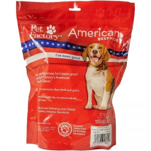 X-Large bag of Pet Factory American Beefhide Braided Sticks pack of 14, 6 inch braided stick, back panel