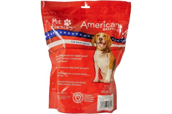 X-Large bag of Pet Factory American Beefhide Braided Sticks pack of 14, 6 inch braided stick, back panel