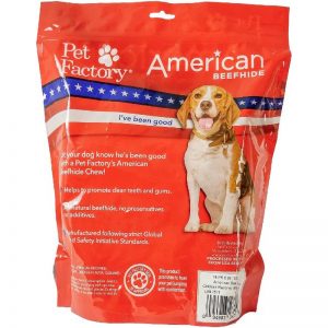 X-Large Bag of Pet Factory’s American Beefhide Chicken Flavored Braided Sticks Pack of 14, 6" sticks, back panel