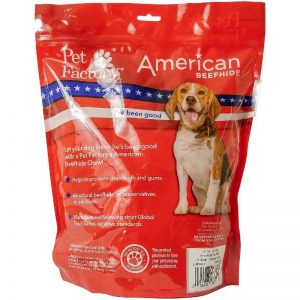 X- Large bag of Pet Factory’s American Beefhide Chicken Flavored Chips, 22oz. bag, back panel