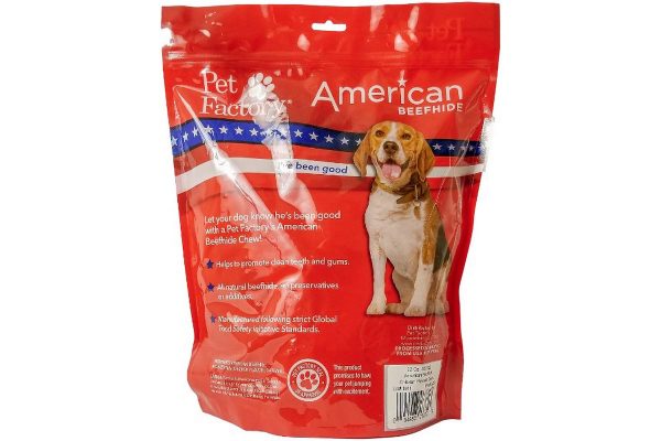 X- Large bag of Pet Factory’s American Beefhide Chicken Flavored Chips, 22oz. bag, back panel