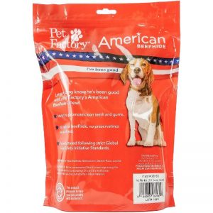 Medium Bag of Pet Factory’s American Beefhide Chicken Flavored Rolls (Curls) Pack of 10, 4-4.5" Rolls (Curls), back panel