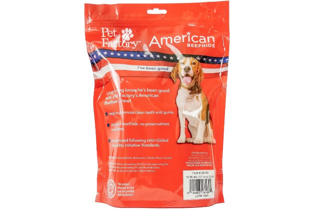 Medium Bag of Pet Factory’s American Beefhide Chicken Flavored Rolls (Curls) Pack of 10, 4-4.5" Rolls (Curls), back panel