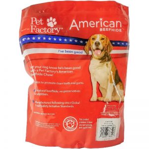 X-large bag of Pet Factory’s American Beefhide Chips, 32oz. bag, back panel