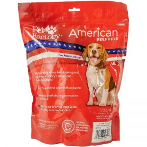 : X-Large Bag of Pet Factory’ American Beefhide Bones pack of 22, 4 to 5 inch bones , Back panel