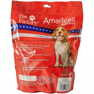 X-Large bag of Pet Factory’s American Beefhide Peanut Butter Flavored Chips , 22oz. bag, back panel