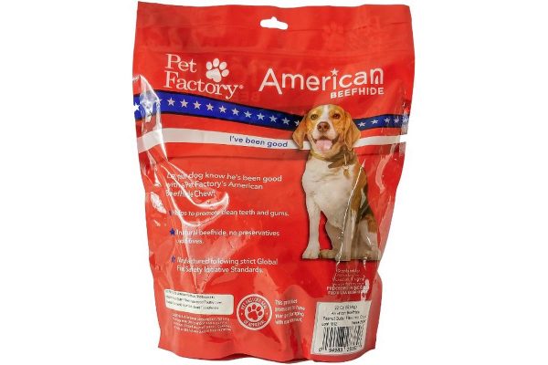 X-Large bag of Pet Factory’s American Beefhide Peanut Butter Flavored Chips , 22oz. bag, back panel