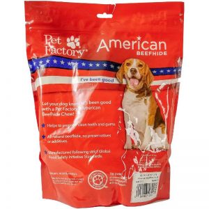 X-Large bag of Pet Factory American Beefhide Rolls (Curls) pack of 22, 4 to4.5 inch rolls (curls), back panel