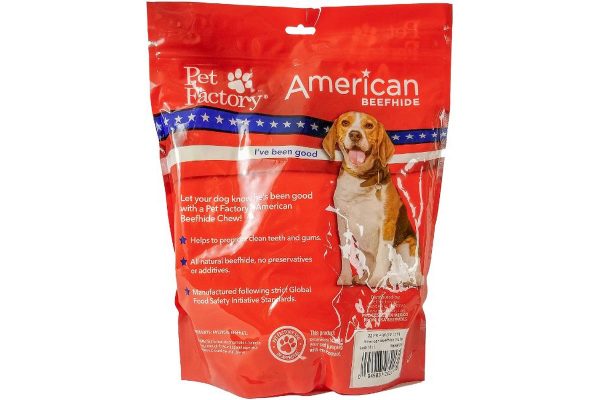 X-Large bag of Pet Factory American Beefhide Rolls (Curls) pack of 22, 4 to4.5 inch rolls (curls), back panel