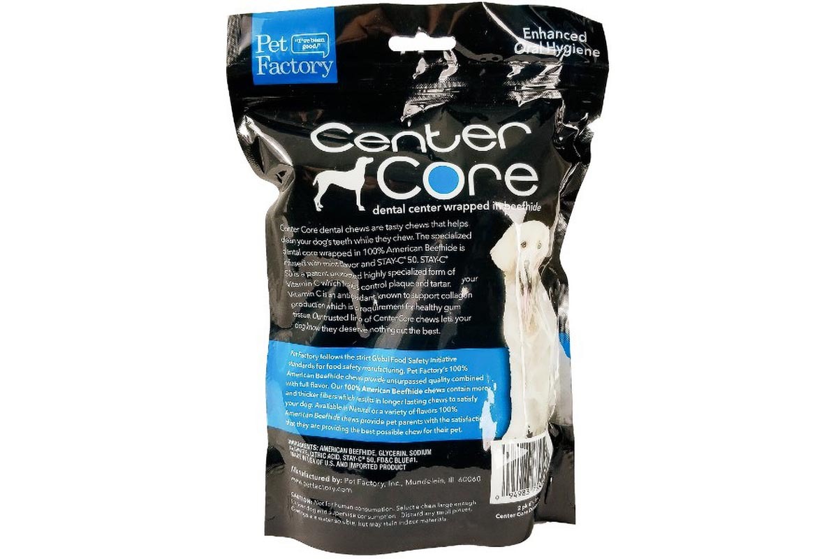 Two pack of Pet Factory Dental Fusion "Center Core" Roll wrapped in Beefhide, two bones 6-7", back panel