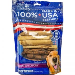 Medium Bag of Pet Factory’s 100% USA Beefhide, Assorted Beef & Chicken flavored 5" Chip Rolls, pack of 18, front view