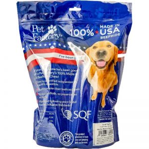 X-Large bag of Pet Factory 100% USA Beefhide Assorted Beef & Chicken flavored Rolls Pack of 10, 8" flavored rolls, back panel