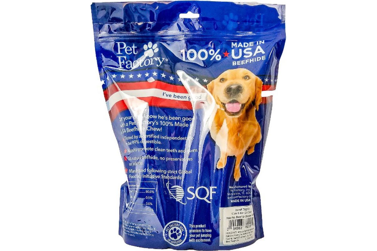 X-Large bag of Pet Factory 100% USA Beefhide Assorted Beef & Chicken flavored Rolls Pack of 10, 8" flavored rolls, back panel