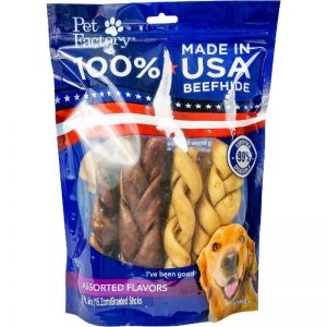 Medium Bag of Pet Factory’s 100% USA Beefhide, Assorted Beef & Chicken flavored 6” Braided sticks, pack of 6, front view