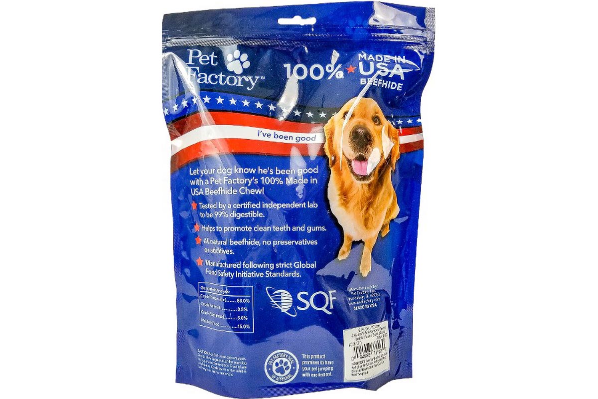 Medium Bag of Pet Factory’s 100% USA Beefhide, Assorted Beef & Chicken flavored 6” Braided sticks, pack of 6, back panel