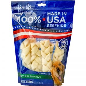 Medium Bag of Pet Factory 100% USA Beefhide Braided Sticks, pack of 6, 6 inch braided sticks, front view