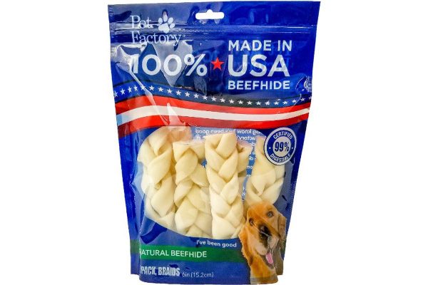 Medium Bag of Pet Factory 100% USA Beefhide Braided Sticks, pack of 6, 6 inch braided sticks, front view