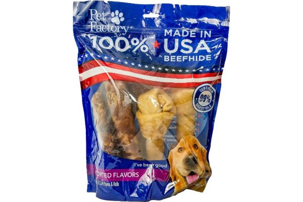 X-Large bag of Pet Factory 100% USA Beef & Chicken flavored Beefhide Assortment for Large Dogs, Pack of 6, 3 Bones, 3 Rolls, front view