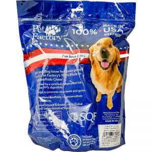 X-Large bag of Pet Factory 100% USA Beef & Chicken flavored Beefhide Assortment for Large Dogs, Pack of 6, 3 8-9”Bones, 3 8-9” Rolls, back panel