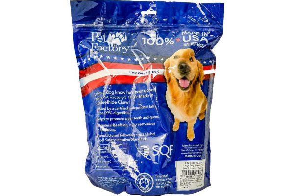 X-Large bag of Pet Factory 100% USA Beef & Chicken flavored Beefhide Assortment for Large Dogs, Pack of 6, 3 8-9”Bones, 3 8-9” Rolls, back panel