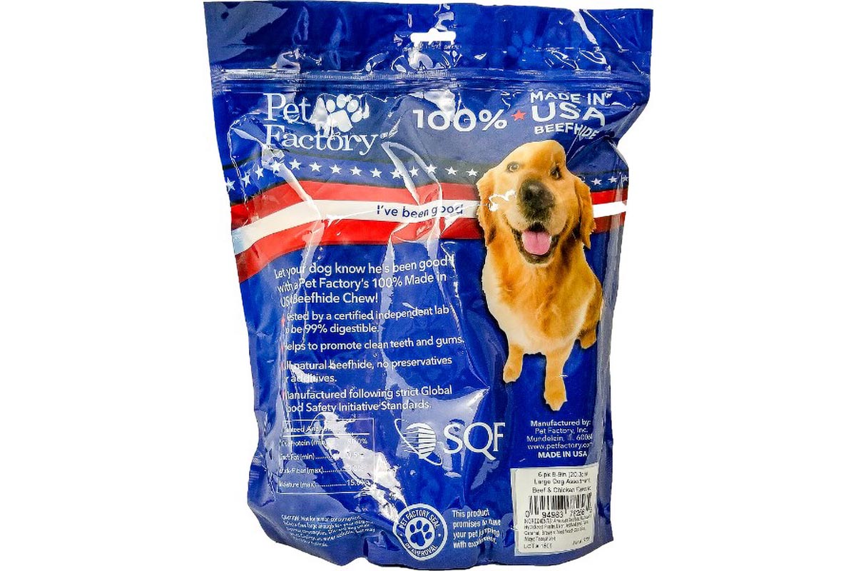 X-Large bag of Pet Factory 100% USA Beef & Chicken flavored Beefhide Assortment for Large Dogs, Pack of 6, 3 8-9”Bones, 3 8-9” Rolls, back panel