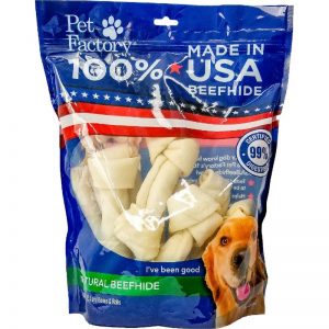 -Large bag of Pet Factory 100% USA Beefhide Medium Dog Assortment, 10 pack, 5 6-7” Bones, 5 6-7” Rolls, front view