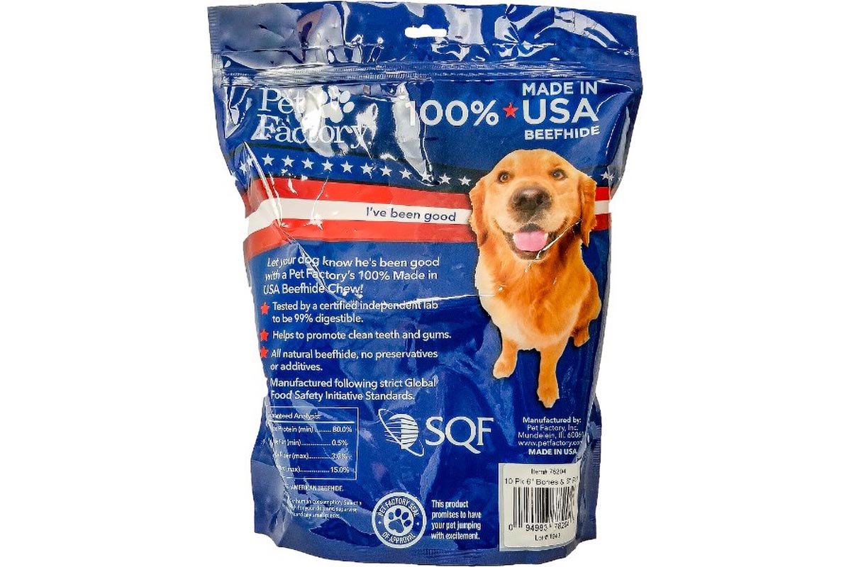 X-Large bag of Pet Factory 100% USA Beefhide Medium Dog Assortment, 10 pack, 5 6-7” Bones, 5 6-7” Rolls, back panel