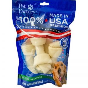 4 pack Medium Dog Assortment of Pet Factory 100% USA Beefhide , 3 6-7" Bones, 1 6-7" Roll, front view