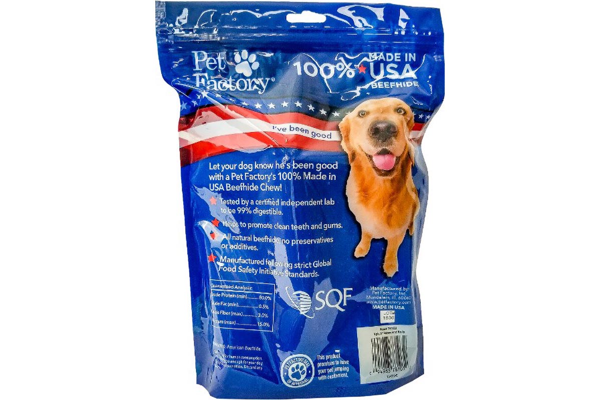 4 pack Medium Dog Assortment of Pet Factory 100% USA Beefhide , 3 6-7" Bones, 1 6-7" Roll, back panel