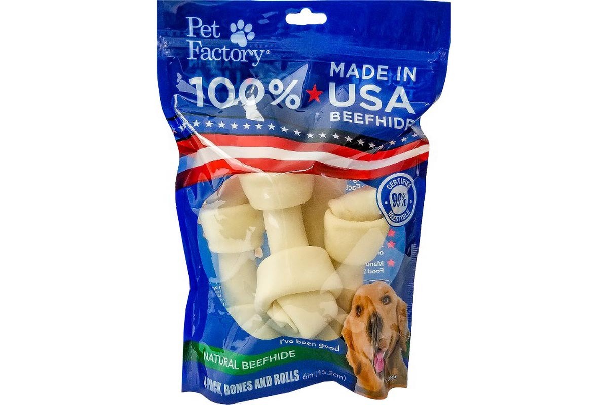4 pack Medium Dog Assortment of Pet Factory 100% USA Beefhide , 3 6-7" Bones, 1 6-7" Roll, front view