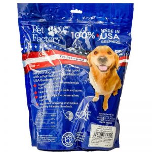 X-Large bag of Pet Factory 100% USA Beefhide Beef & Chicken Flavored Medium Dog Assorted 10pk, 5 Bones, 5 Rolls, back panel