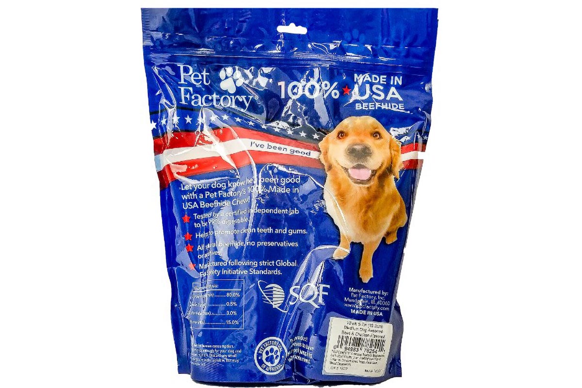 X-Large bag of Pet Factory 100% USA Beefhide Beef & Chicken Flavored Medium Dog Assorted 10pk, 5 Bones, 5 Rolls, back panel