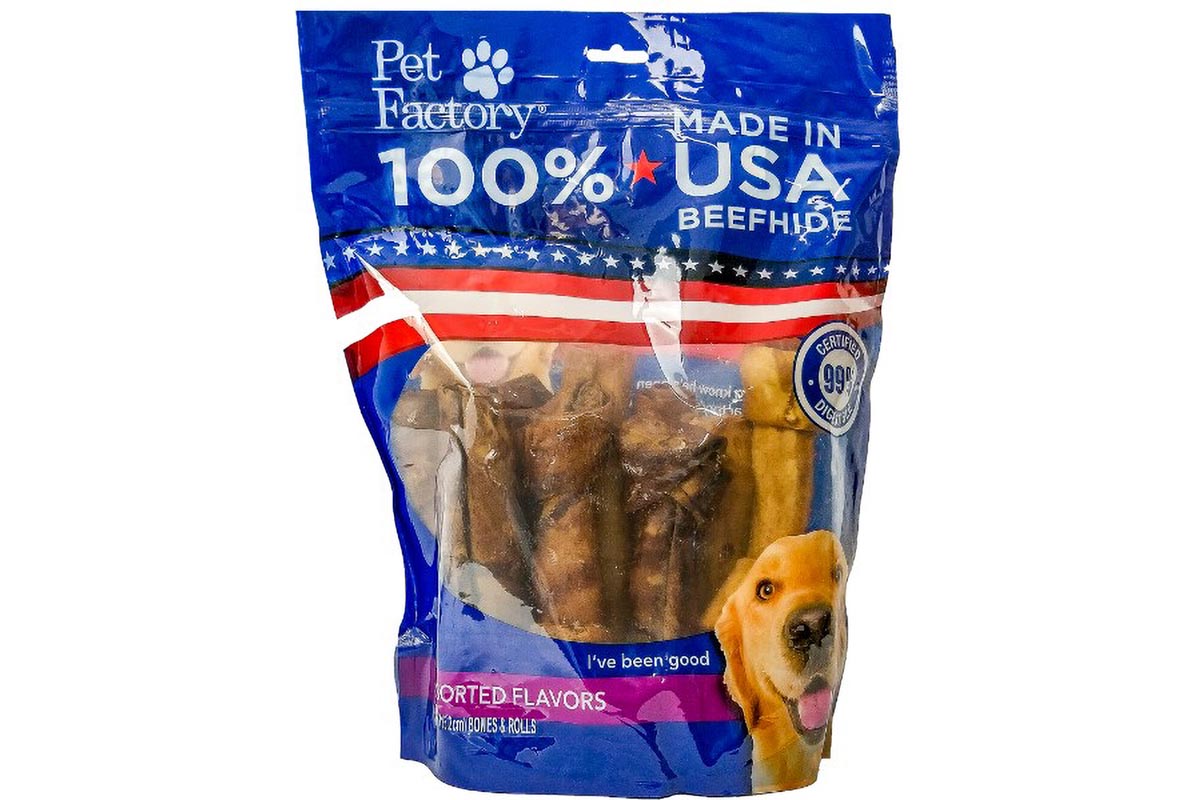 X-Large bag of Pet Factory 100% USA Beefhide Beef & Chicken Flavored Medium Dog Assorted 10pk, 5 Bones, 5 Rolls, front view