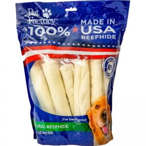 X-Large bag of Pet Factory 100% USA Beefhide Rolls – Medium pack of 10, 8" rolls, front view