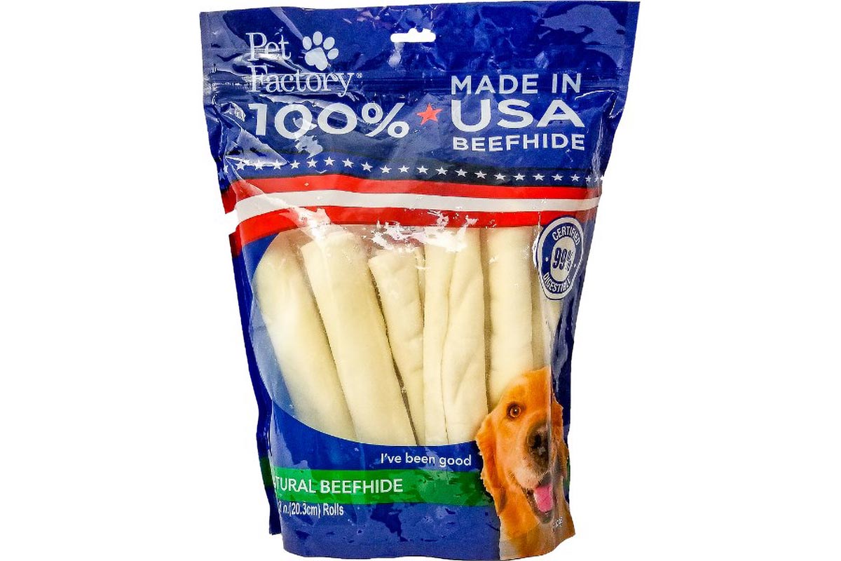 X-Large bag of Pet Factory 100% USA Beefhide Rolls – Medium pack of 10, 8" rolls, front view