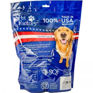X-Large Pet Factory 100% USA Beefhide Beef & Chicken flavored Small Dog Assorted 25pk, 12 Bones, 13 Chip Rolls, back panel