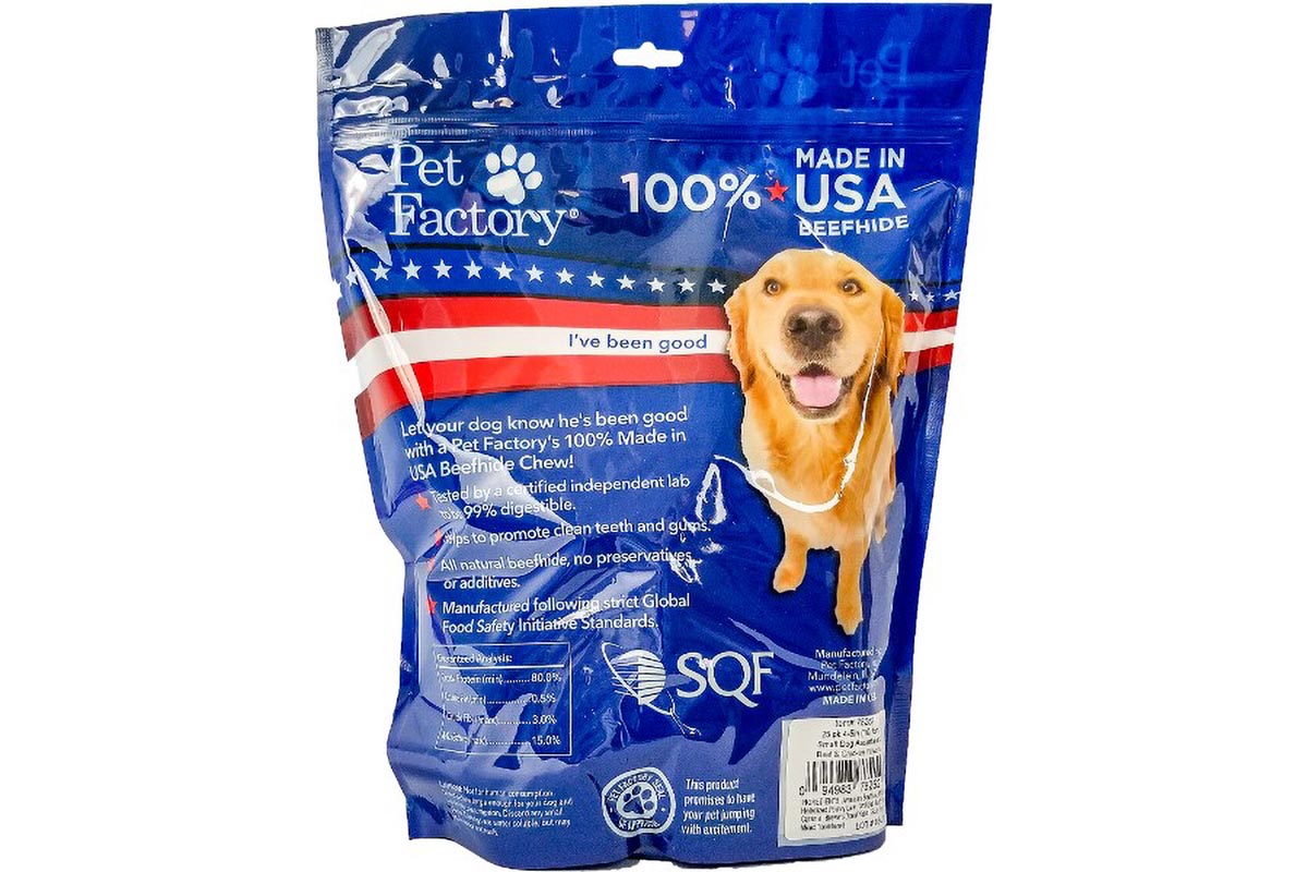 X-Large Pet Factory 100% USA Beefhide Beef & Chicken flavored Small Dog Assorted 25pk, 12 Bones, 13 Chip Rolls, back panel