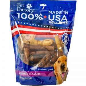 X-Large Pet Factory 100% USA Beefhide Beef & Chicken flavored Small Dog Assorted 25pk, 12 Bones, 13 Chip Rolls, front view