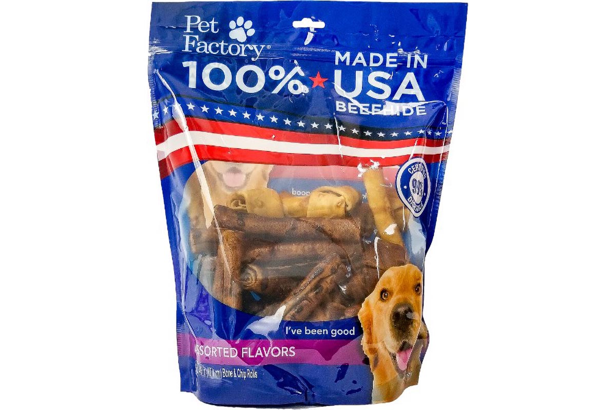 X-Large Pet Factory 100% USA Beefhide Beef & Chicken flavored Small Dog Assorted 25pk, 12 Bones, 13 Chip Rolls, front view