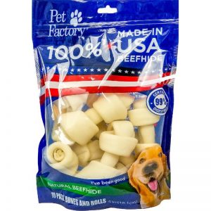 10 pack small dog assortment of Pet Factory 100% USA Beefhide ,Six 4-5" Bones, four 4-5" Chip Rolls, front view