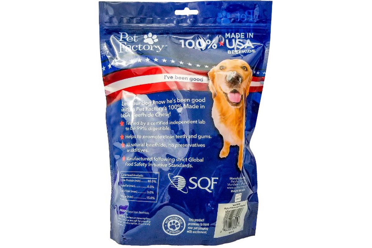 10 pack small dog assortment of Pet Factory 100% USA Beefhide ,Six 4-5" Bones, four 4-5" Chip Rolls, back panel