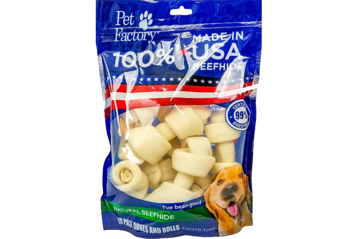 10 pack small dog assortment of Pet Factory 100% USA Beefhide ,Six 4-5" Bones, four 4-5" Chip Rolls, front view