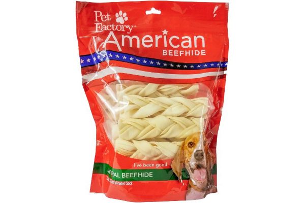 X-Large bag of Pet Factory American Beefhide Braided Sticks pack of 14 , 6 inch braided stick, front view