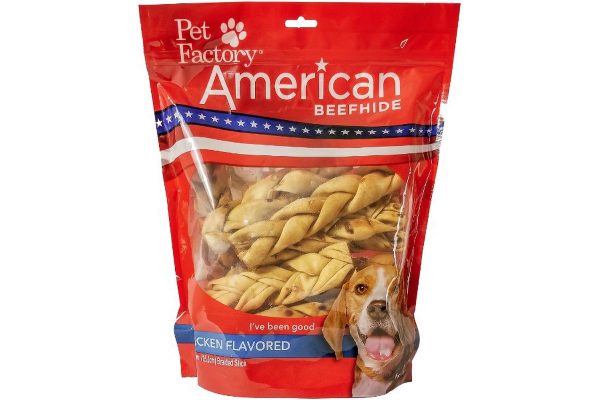 X-Large Bag of Pet Factory’s American Beefhide Chicken Flavored Braided Sticks Pack of 14, 6" sticks, front view