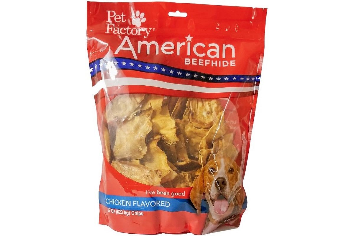 X- Large bag of Pet Factory’s American Beefhide Chicken Flavored Chips, 22oz. bag, front view