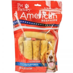 Medium Bag of Pet Factory’s American Beefhide Chicken Flavored Rolls (Curls) Pack of 10, 4-4.5" Rolls (Curls), front of bag
