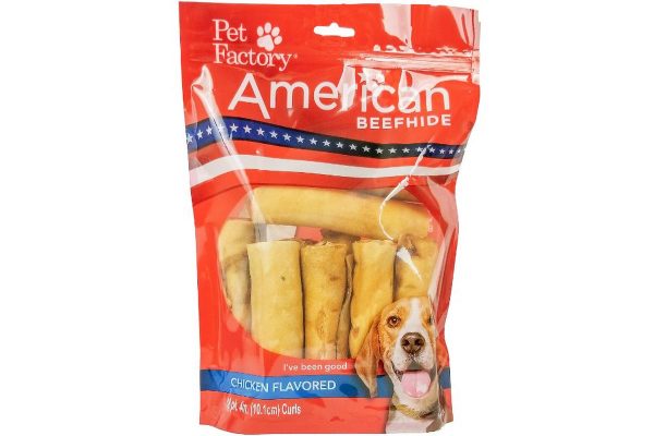 Medium Bag of Pet Factory’s American Beefhide Chicken Flavored Rolls (Curls) Pack of 10, 4-4.5" Rolls (Curls), front of bag